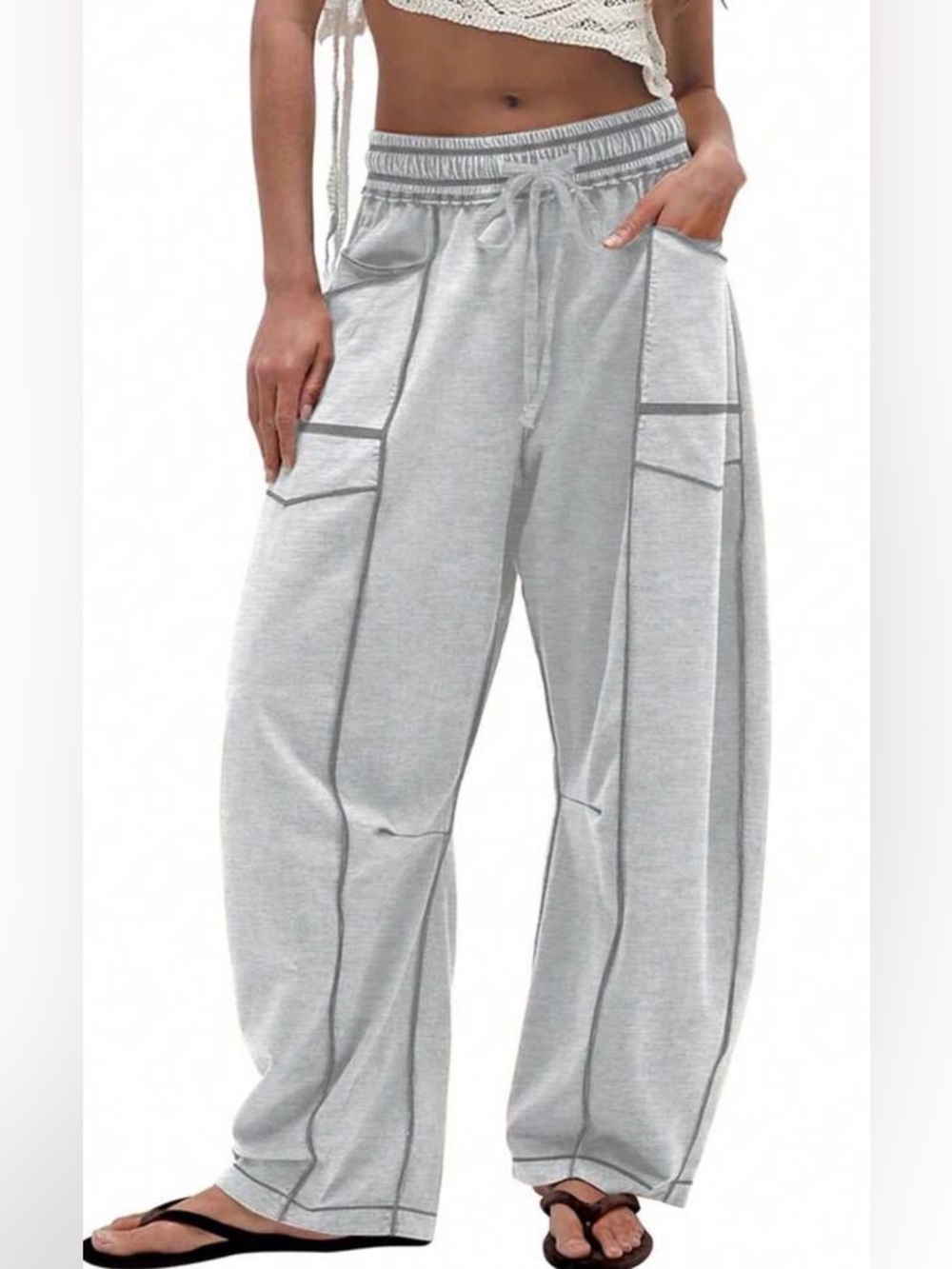 Women’s Light Gray Wide-Leg Drawstring Pants